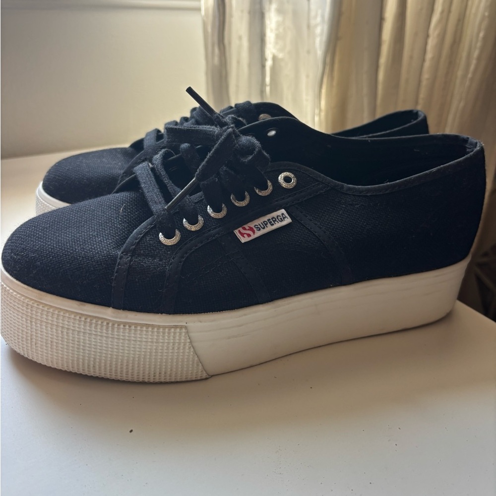Superga Women's Black Canvas Platform Sneakers 40